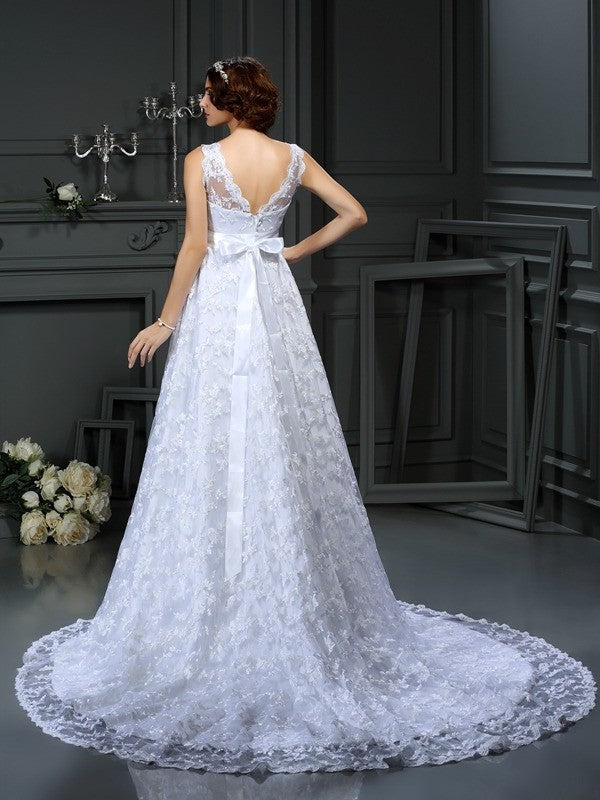A-Line/Princess Sleeveless Lace V-neck Long Satin Wedding Dresses