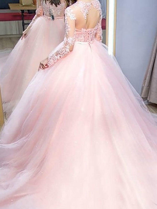 Train Long Sleeves Sweep/Brush Ball Gown Jewel Lace Tulle Dresses