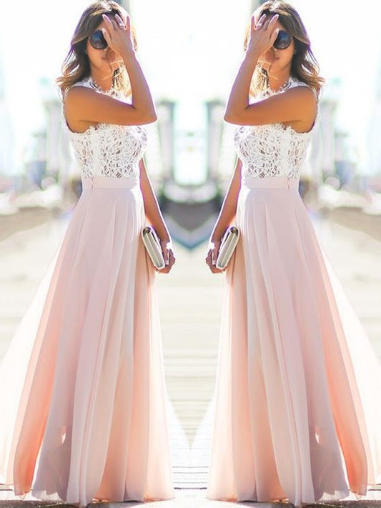 Sleeveless A-Line/Princess Floor-Length Jewel Lace Chiffon Dresses