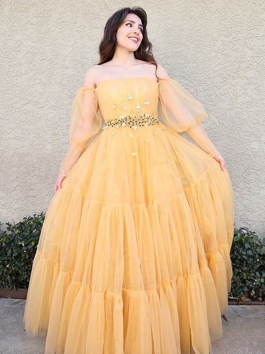 Tulle Beading Off-the-Shoulder A-Line/Princess Long Sleeves Floor-Length Dresses