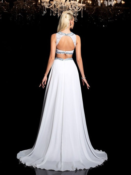 Chiffon Sleeveless Long Beading A-Line/Princess Jewel Two Piece Dresses
