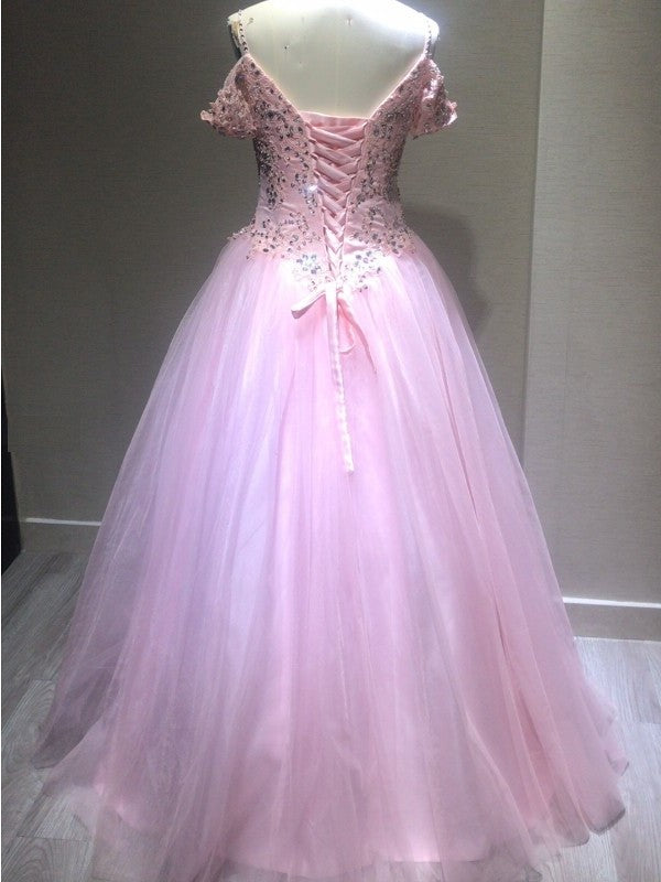 Gown Ball Sleeveless Straps Tulle Spaghetti Crystal Floor-Length Dresses