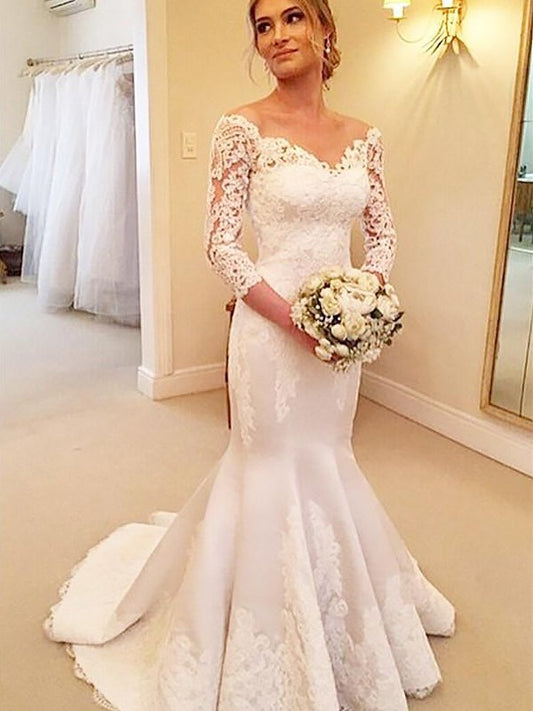 Court 3/4 Off-the-Shoulder Sleeves Trumpet/Mermaid Satin Lace Train Wedding Dresses