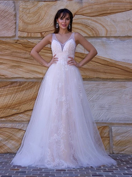 A-Line/Princess V-neck Sweep/Brush Applique Sleeveless Lace Train Wedding Dresses