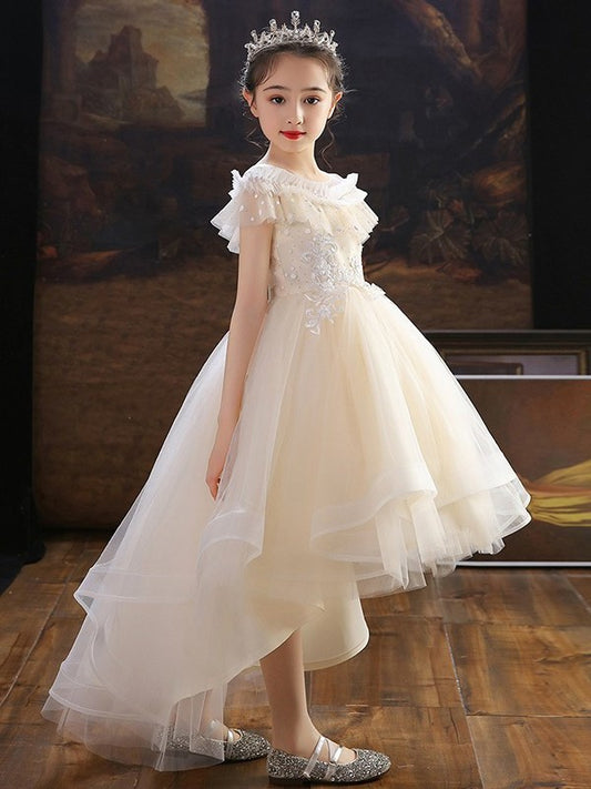Tulle A-Line/Princess Off-the-Shoulder Asymmetrical Sleeves Applique Short Flower Girl Dresses