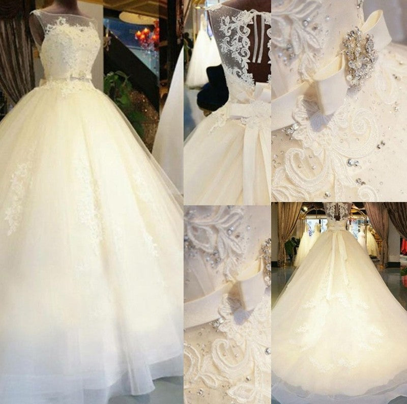 Applique Gown Sleeveless Sash/Ribbon/Belt Off-the-Shoulder Train Ball Beading Sweep/Brush Lace Wedding Dresses