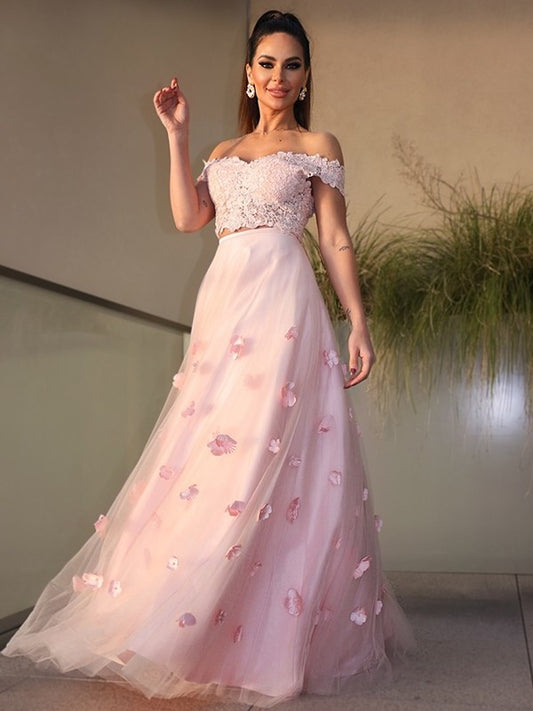 Off-the-Shoulder Sleeveless Tulle Hand-Made A-Line/Princess Floor-Length Flower Two Piece Dresses