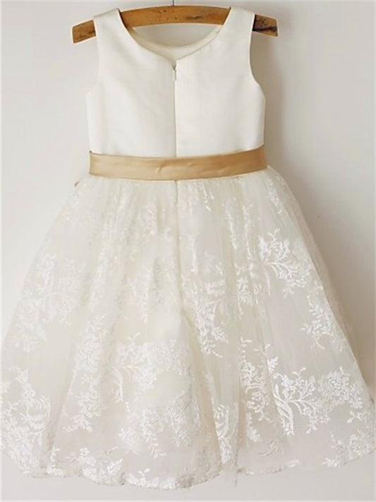 Scoop Lace Bowknot Tea-Length A-line/Princess Sleeveless Flower Girl Dresses