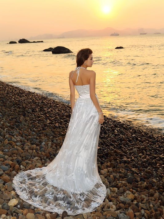 Long A-Line/Princess Halter Sleeveless Sash/Ribbon/Belt Lace Beach Wedding Dresses