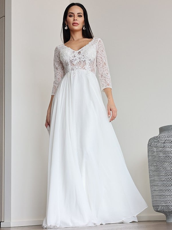 3/4 A-Line/Princess Chiffon Sleeves Lace V-neck Floor-Length Wedding Dresses