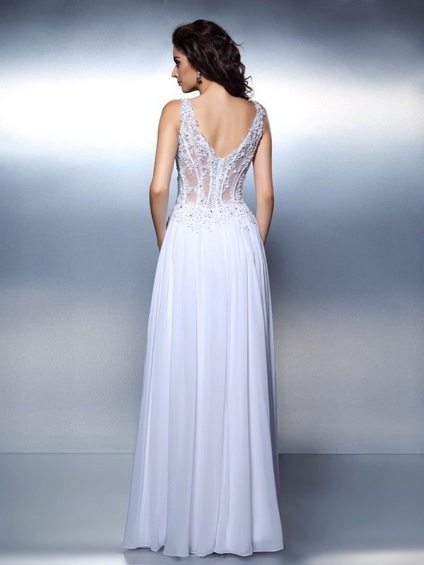 Sleeveless Applique Scoop A-Line/Princess Long Chiffon Dresses