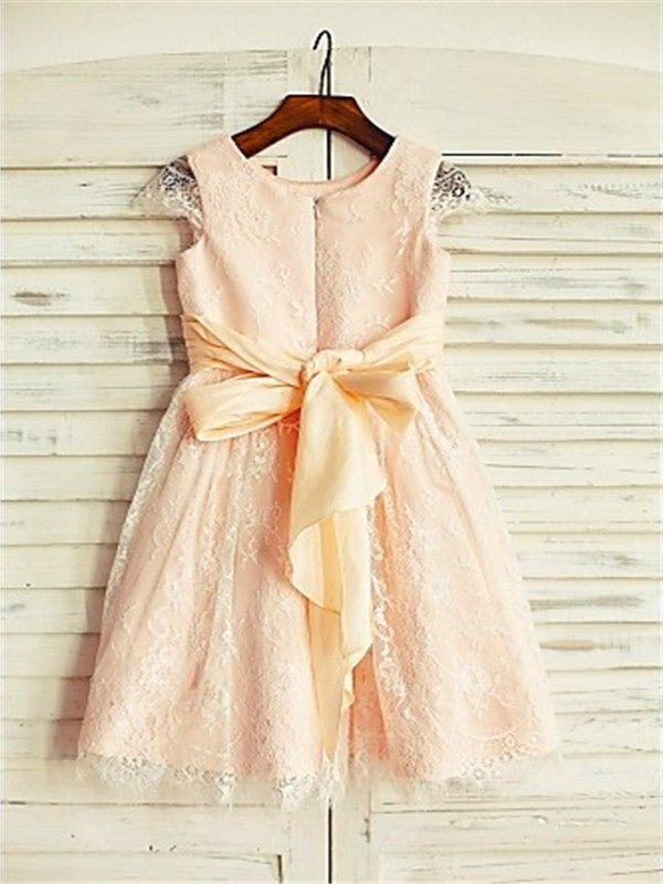 Sash/Ribbon/Belt Tea-Length Lace A-line/Princess Sleeves Short Scoop Flower Girl Dresses