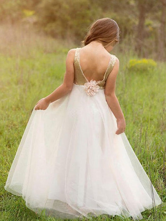 Scoop Sleeveless Sequin Floor-Length Tulle A-Line/Princess Flower Girl Dresses
