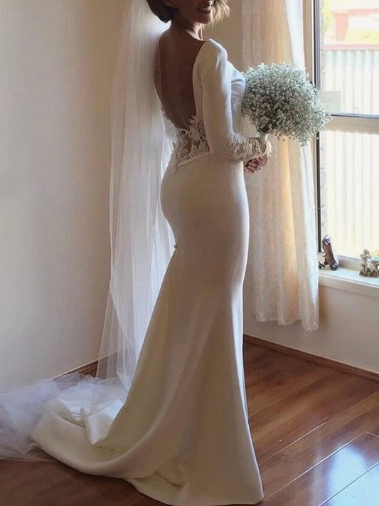 Trumpet/Mermaid Scoop Court Lace Long Sleeves Train Satin Wedding Dresses