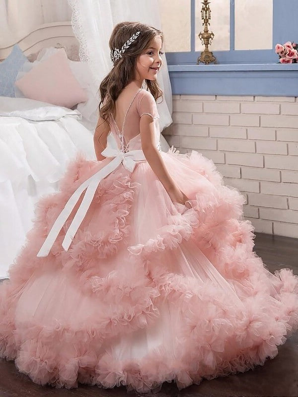 Gown Jewel Short Crystal Tulle Ball Floor-Length Sleeves Flower Girl Dresses