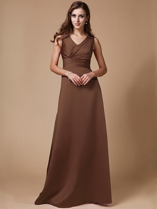Woven A-Line/Princess Elastic Long V-neck Sleeveless Satin Bridesmaid Dresses