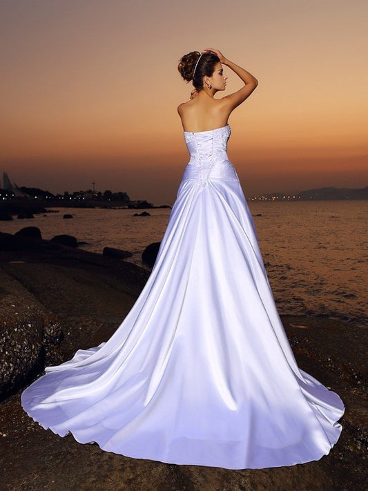 Sleeveless Gown Long Satin Strapless Ball Beading Beach Wedding Dresses
