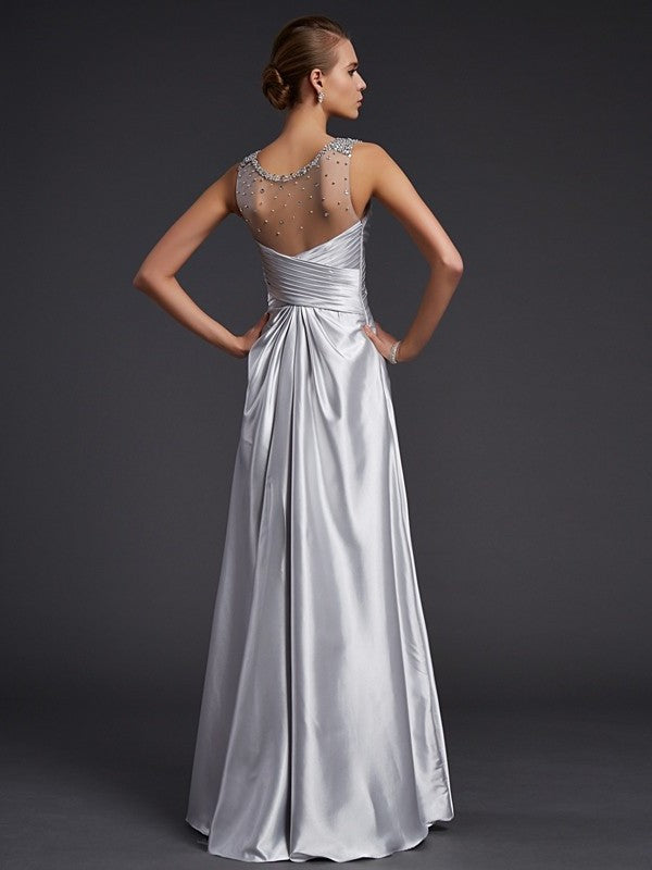 Elastic Beading Long V-neck A-Line/Princess Sleeveless Woven Satin Dresses