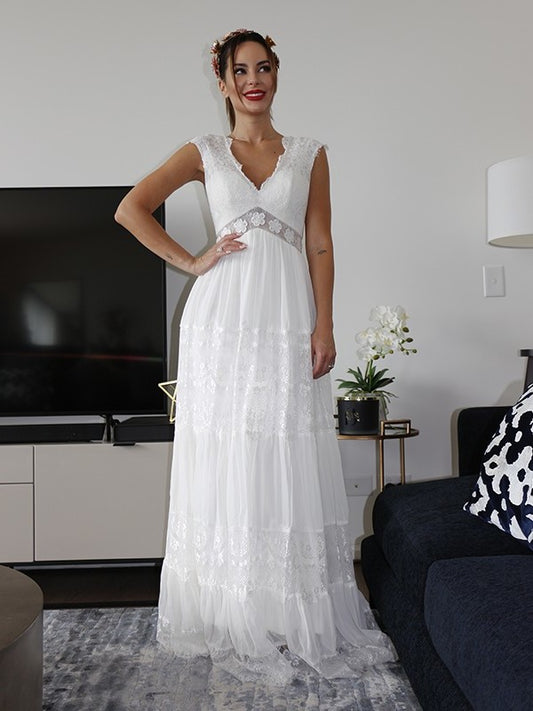 Sleeves V-neck A-Line/Princess Lace Short Ruched Floor-Length Wedding Dresses