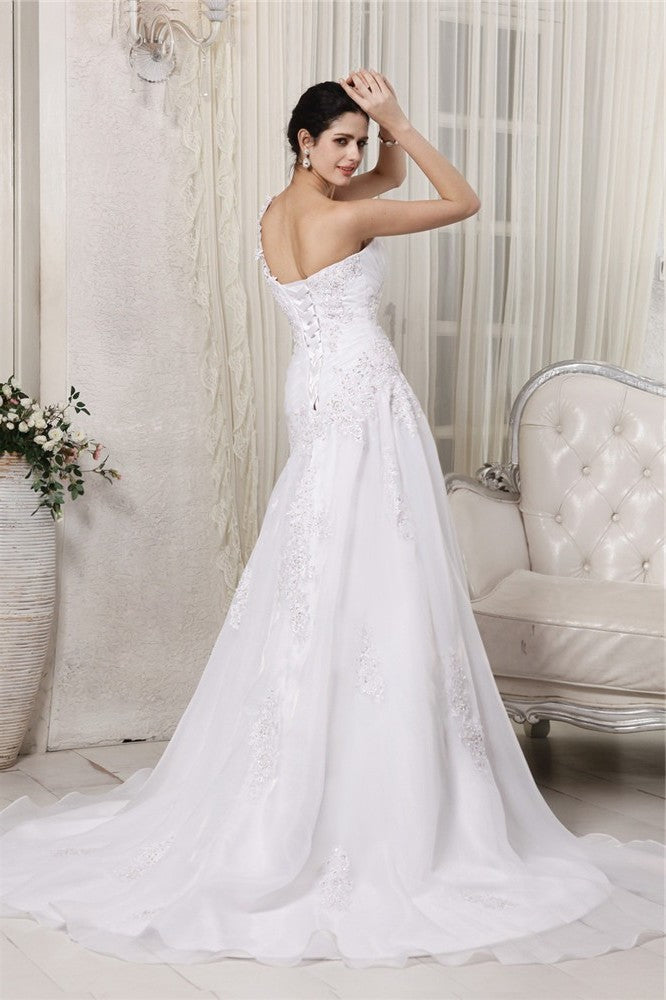 Applique One-Shoulder Long A-Line/Princess Sleeveless Beading Organza Wedding Dresses