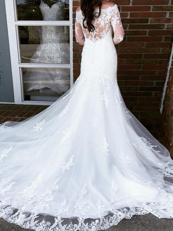 Off-the-Shoulder Cathedral Applique Trumpet/Mermaid Sleeves Long Tulle Train Wedding Dresses