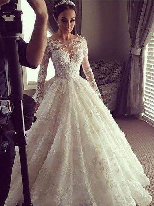 Sleeves Ball Court Scoop Gown Long Train Lace Wedding Dresses