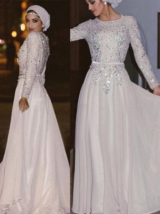 Scoop Floor-Length Long Sleeves Crystal A-Line/Princess Chiffon Muslim Dresses