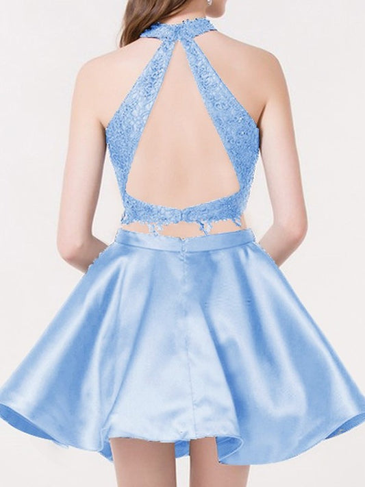 A-Line/Princess Halter Short/Mini Sleeveless Satin Lace Two Piece Dresses