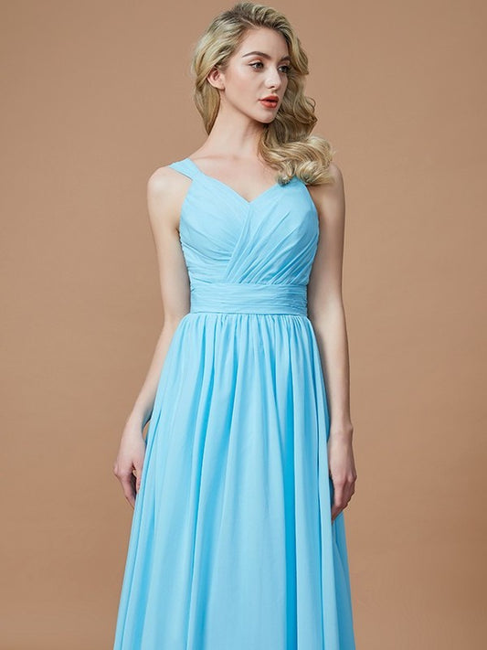 V-neck Floor-Length Chiffon A-Line/Princess Sleeveless Bridesmaid Dresses