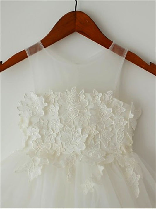 A-line/Princess Tulle Tea-Length Sleeveless Lace Straps Flower Girl Dresses
