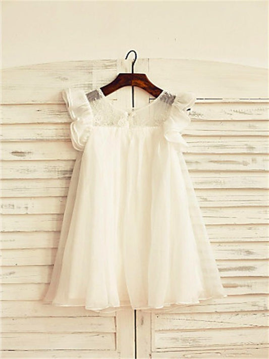 Chiffon Lace A-line/Princess Tea-Length Sleeves Scoop Short Flower Girl Dresses