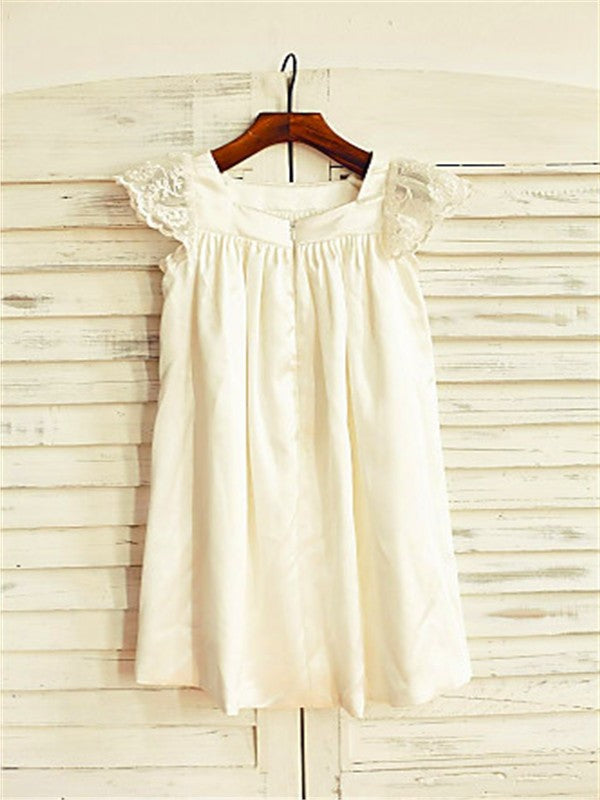 A-line/Princess Short Sleeves Chiffon Lace Scoop Tea-Length Flower Girl Dresses