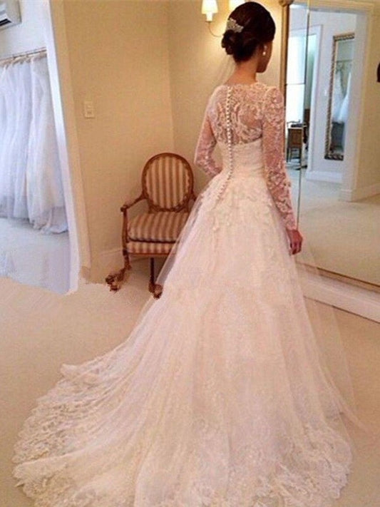 Lace Sleeves Court Gown V-neck Train Ball Long Tulle Wedding Dresses