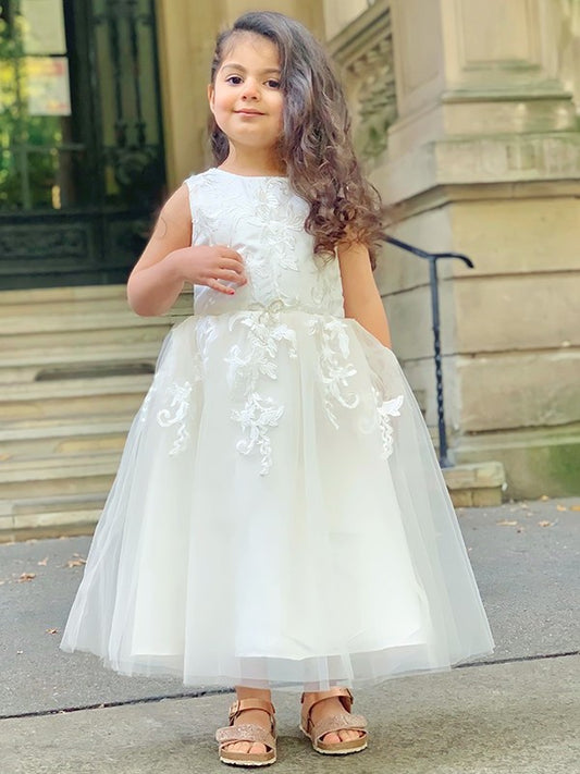 Lace Sleeveless Scoop Ankle-Length Tulle A-Line/Princess Flower Girl Dresses