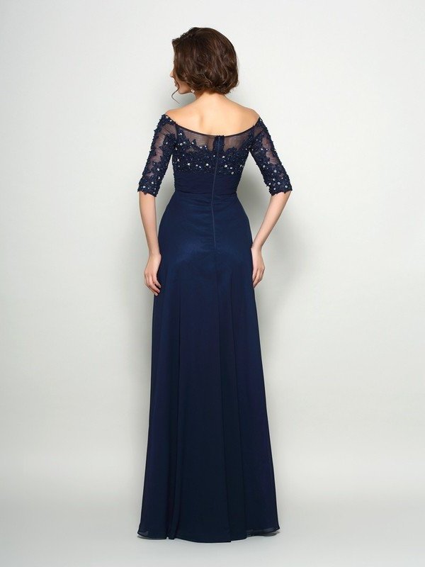Beading Long A-Line/Princess Off-the-Shoulder Sleeves Chiffon 1/2 Mother of the Bride Dresses