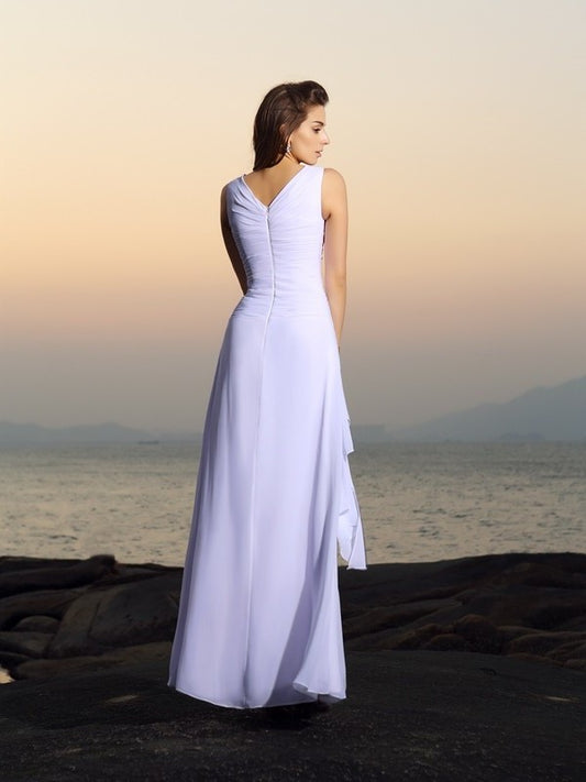 V-neck Chiffon Sleeveless Long Pleats A-Line/Princess Beach Wedding Dresses