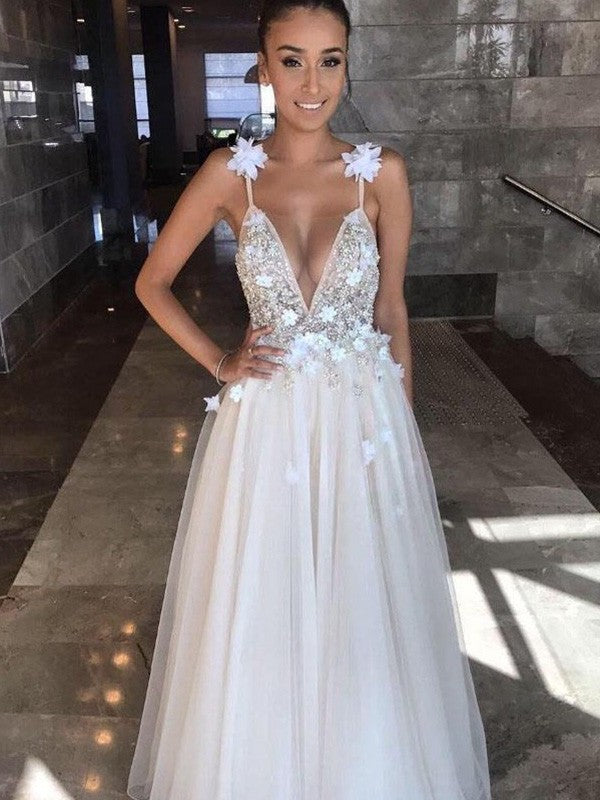 A-Line/Princess Sleeveless Tulle Beading V-neck Floor-Length Wedding Dresses