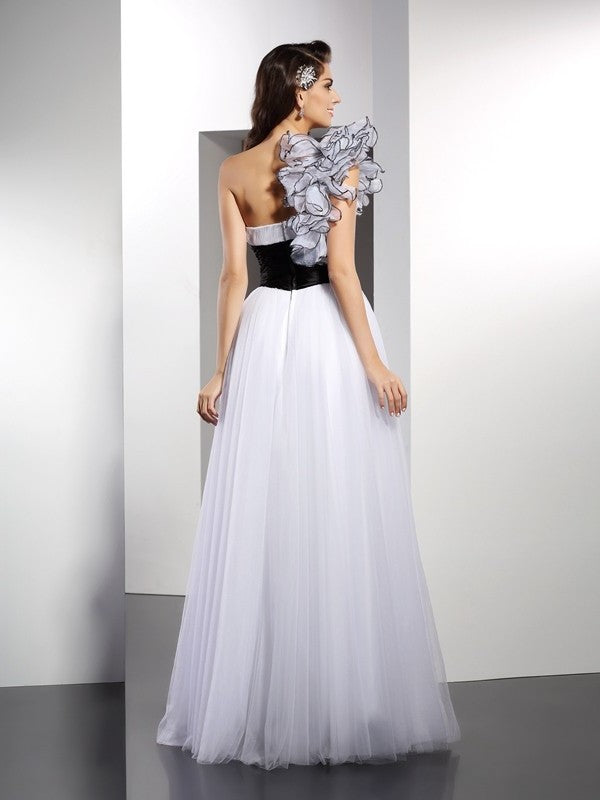 One-Shoulder A-Line/Princess Sash/Ribbon/Belt Sleeveless Long Net Dresses