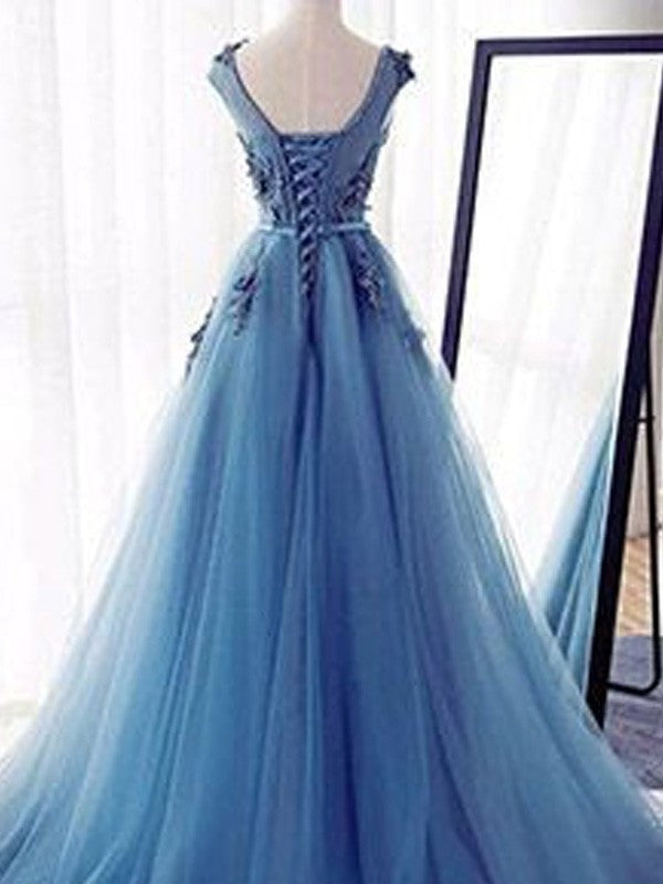 Sleeveless Ball Jewel Train Gown Sweep/Brush Applique Tulle Dresses