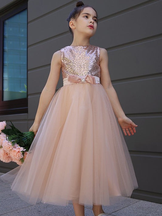 Bowknot Scoop Tulle A-Line/Princess Tea-Length Sleeveless Flower Girl Dresses