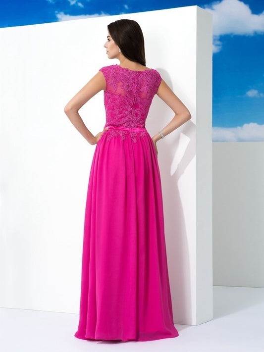 Sheer Sleeveless A-Line/Princess Lace Neck Long Chiffon Dresses