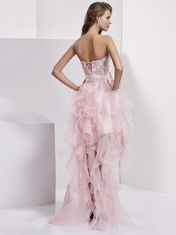 A-Line/Princess Sleeveless Beading Strapless High Low Organza Homecoming Dresses