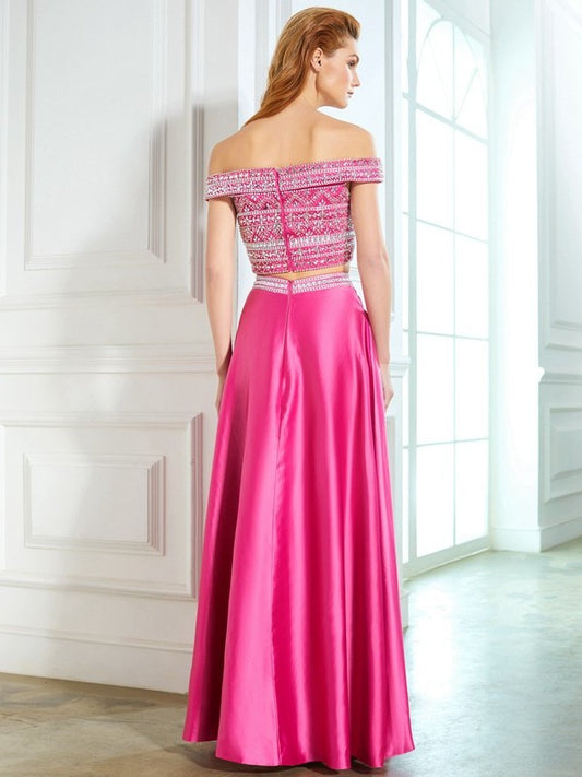 Sleeveless Satin Off-the-Shoulder Beading Floor-Length A-Line/Princess Two Piece Dresses