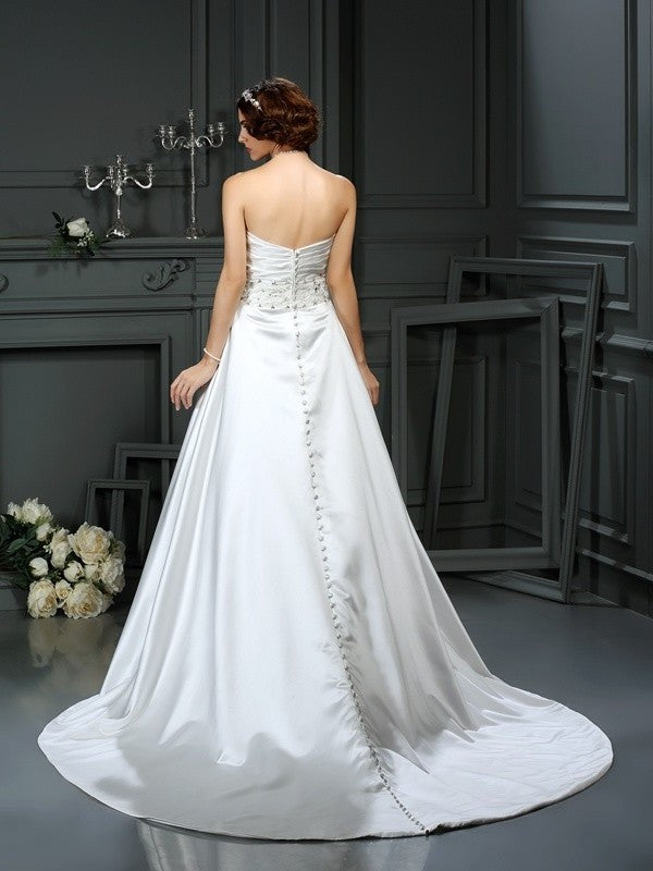 Sleeveless Long Strapless A-Line/Princess Beading Satin Wedding Dresses