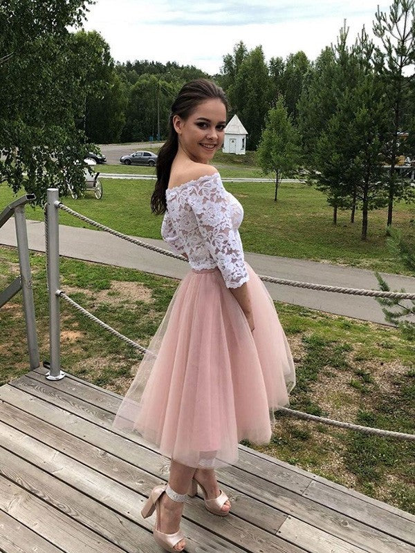 Long A-Line/Princess Tulle Sleeves Off-the-Shoulder Lace Tea-Length Homecoming Dresses