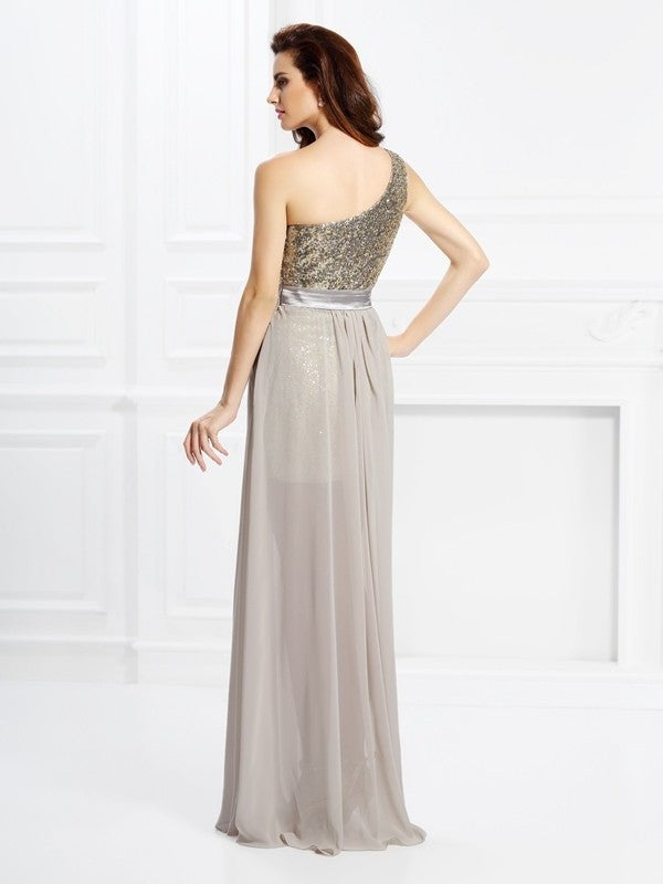 A-Line/Princess Sleeveless One-Shoulder Sequin Long Chiffon Dresses