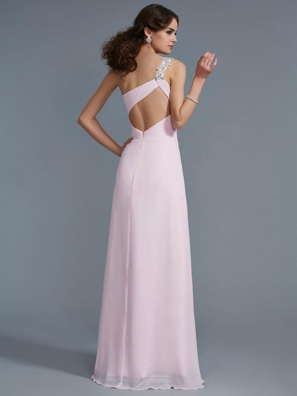 Sleeveless A-Line/Princess Applique Beading One-Shoulder Long Chiffon Dresses