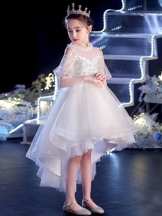 Applique Tulle Sleeves Scoop Asymmetrical A-Line/Princess Short Flower Girl Dresses