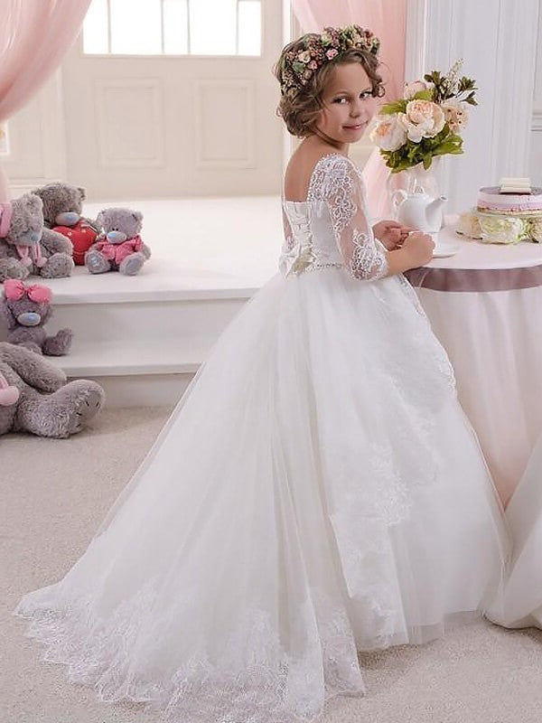 Jewel Ball Sweep/Brush Long Gown Sleeves Satin Lace Train Flower Girl Dresses