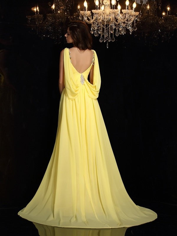 Sleeveless Beading Straps A-Line/Princess Long Chiffon Dresses